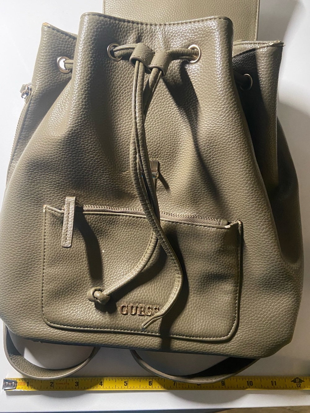 GUESS Olive Green Pebbled Drawstring Backpack
